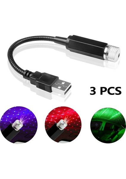 3 Parça Mini LED Araba Çatı Yıldız Gece Lambası Projektör Atmosfer Galaxy Lamba USB Dekoratif Lamba Ayarlanabilir Araba Iç Dekor Işık (Yurt Dışından)