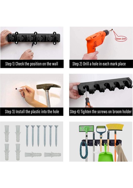 Paspas ve Süpürge Tutucu Duvara Montaj Ağır Hizmet Tipi Süpürge Tutucu Veya Ev Bahçe Garaj ve Depolama Odası Alet Düzenleyici Siyah (Yurt Dışından) indirimleri