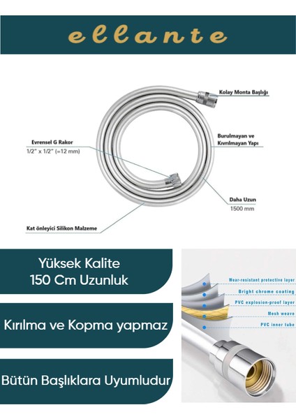 Gri Paslanmaz Kopmaz Patlamaz Kaliteli Pvc Duş Hortumu Tüm Duş Setleri ile Uyumlu - 150 cm