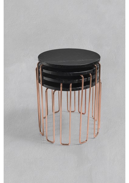 Bakır Ayak - 4 Lü Alyans Zigon Sehpa - Gold Desenli Siyah