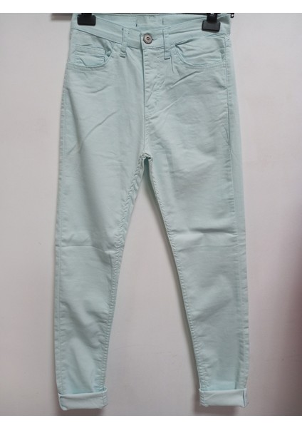 Su Yeşili Likralı Yüksek Bel Koton Kumaş Mom Jeans Pantolon