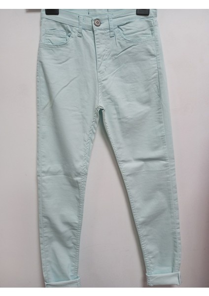 Su Yeşili Likralı Yüksek Bel Koton Kumaş Mom Jeans Pantolon modelleri