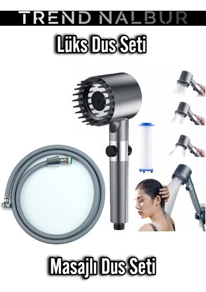 3 Fonksiyonlu Start Stop Tuşlu Filtreli Basınçlı Masaj Etkili Duş Başlığı ve Hortum Set