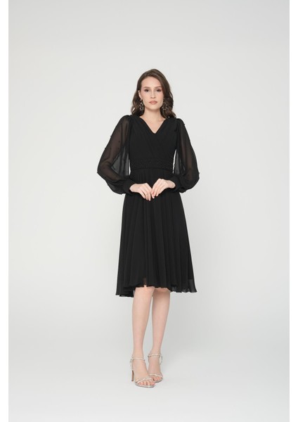 İncili Siyah Şifon Abiye Elbise