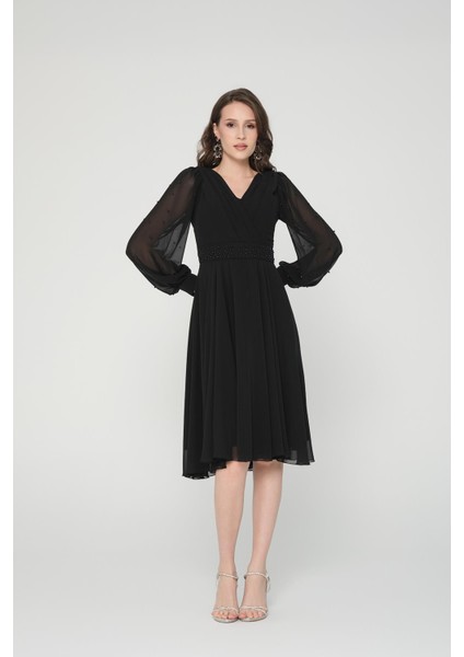 İncili Siyah Şifon Abiye Elbise
