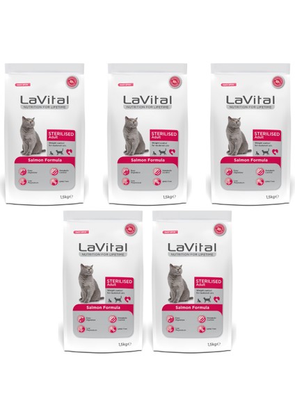 La Vital Somonlu Premium Kısır Kedi Maması 1.5 kg 5'li Paket