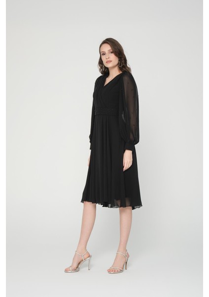 İncili Siyah Şifon Abiye Elbise fırsatları