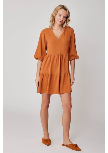 V Yaka Balon Kol Geniş Kesim Elbise