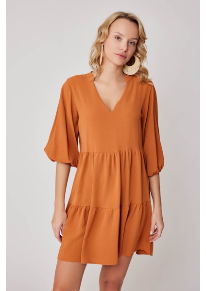 V Yaka Balon Kol Geniş Kesim Elbise