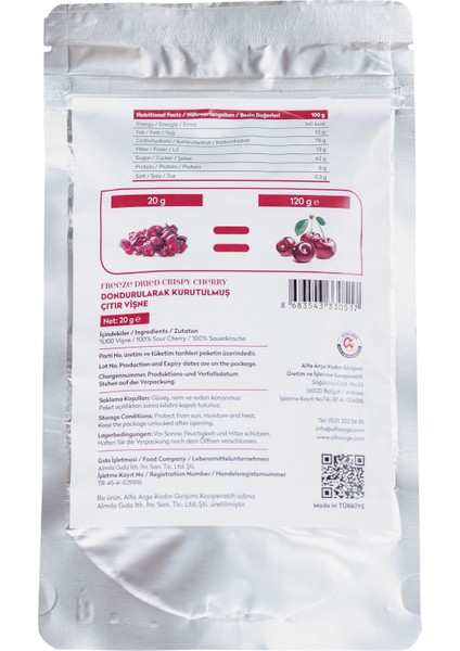 Freeze Dried Vişne Dondurularak Kurutulmuş 20GR fiyatları