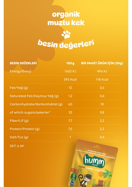 Humm Organic - Organik Glutensiz Vegan Muzlu Kek Atıştırmalık Paketi - 6 Adet