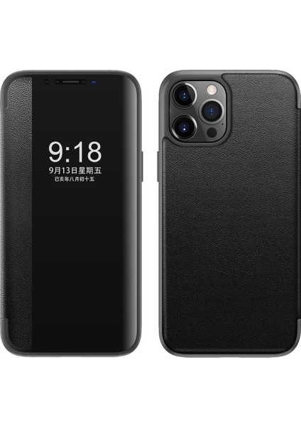 iPhone 13 Pro Max Için Klasik Business Görünüm Penceresi Flip Deri Telefon Kılıfı - Siyah (Yurt Dışından)