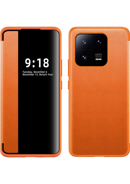 Xiaomi 13 Pro Için Klasik Business Görünüm Penceresi Flip Deri Telefon Kılıfı - Turuncu (Yurt Dışından)