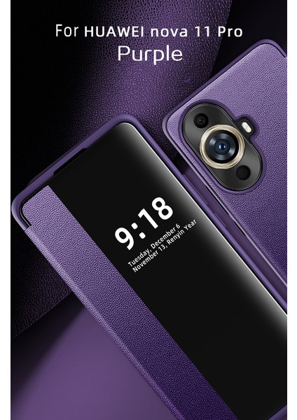 Huawei Nova 11 Pro Için Klasik Business Görünüm Penceresi Flip Deri Telefon Kılıfı - Mor (Yurt Dışından)