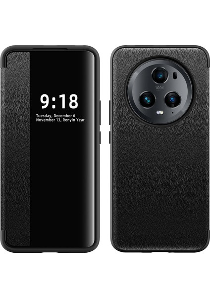 Honor Magic 5 Pro Için Klasik Business Görünüm Penceresi Flip Deri Telefon Kılıfı - Siyah (Yurt Dışından)