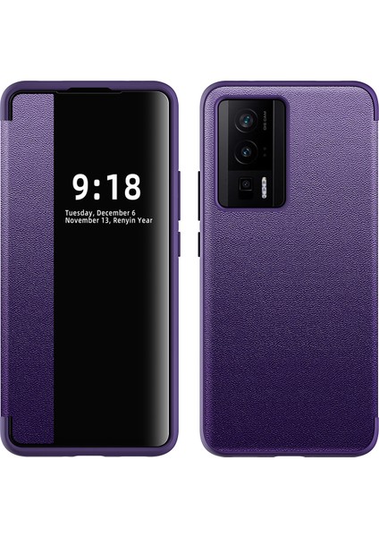 Xiaomi Redmi K60 Için Klasik Business Görünüm Penceresi Flip Deri Telefon Kılıfı - Mor (Yurt Dışından)