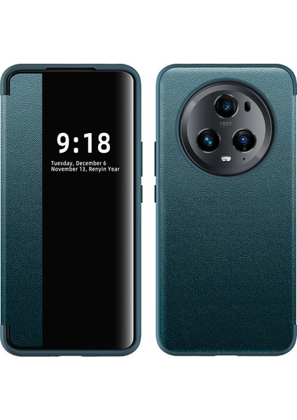 Honor Magic 5 Pro Için Klasik Business Görünüm Penceresi Flip Deri Telefon Kılıfı - Yeşil (Yurt Dışından)