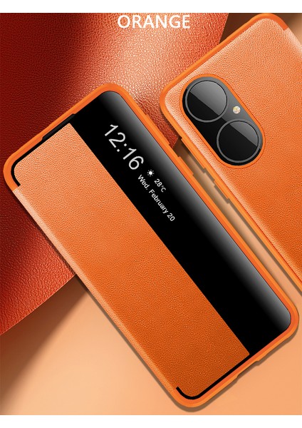 Huawei P50 Için Ince Işletme Smart View Pu Deri Telefon Kılıfı - Turuncu (Yurt Dışından)