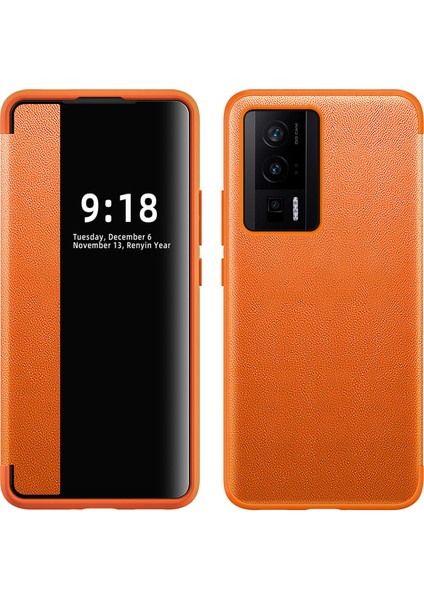 Xiaomi Redmi K60 Için Klasik Business Görünüm Penceresi Flip Deri Telefon Kılıfı - Turuncu (Yurt Dışından)