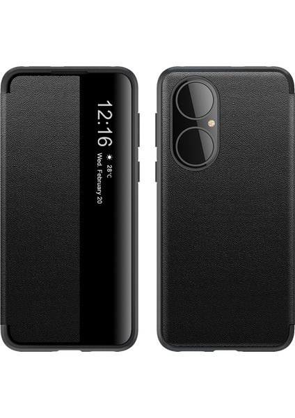 Huawei P50 Pro Için Ince Işletme Smart View Pu Deri Telefon Kılıfı - Siyah (Yurt Dışından)