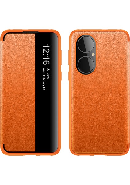 Huawei P50 Pro Için Ince Işletme Smart View Pu Deri Telefon Kılıfı - Turuncu (Yurt Dışından)