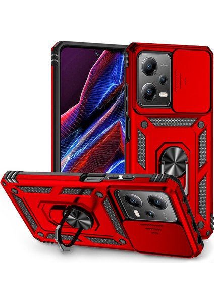 Xiaomi Redmi Note 12 Pro 5g Için Halka Ayaklı ve Kayar Kamera Kapaklı Telefon Kılıf - Kırmızı (Yurt Dışından)