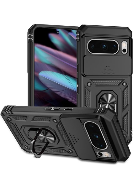 Google Pixel 8 Pro Için Halka Ayaklı ve Kayar Kamera Kapaklı Telefon Kılıf - Siyah (Yurt Dışından)