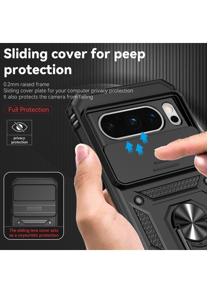 Google Pixel 8 Pro Için Halka Ayaklı ve Kayar Kamera Kapaklı Telefon Kılıf - Siyah (Yurt Dışından)
