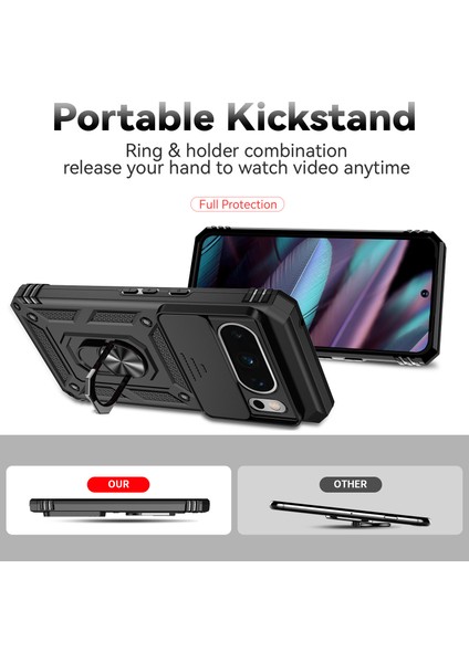 Google Pixel 8 Pro Için Halka Ayaklı ve Kayar Kamera Kapaklı Telefon Kılıf - Siyah (Yurt Dışından)