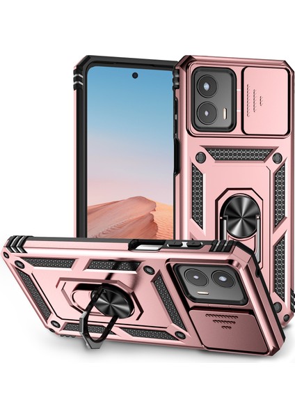 Motorola Moto G 5g 2023 Için Halka Ayaklı ve Kayar Kamera Kapaklı Telefon Kılıf - Rose Gold (Yurt Dışından)