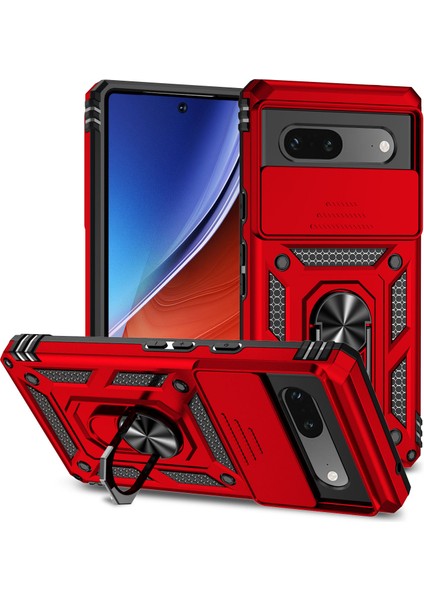 Google Pixel 7A Için Halka Ayaklı ve Kayar Kamera Kapaklı Telefon Kılıf - Kırmızı (Yurt Dışından)