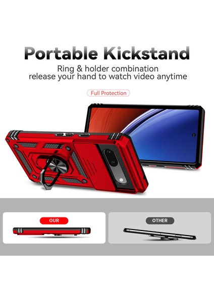 Google Pixel 7A Için Halka Ayaklı ve Kayar Kamera Kapaklı Telefon Kılıf - Kırmızı (Yurt Dışından) indirimleri