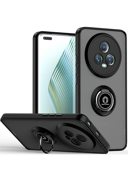 Honor Magic5 Pro Için Yüzük Stand Mat Sert Silikon Telefon Kılıfı - Siyah (Yurt Dışından)