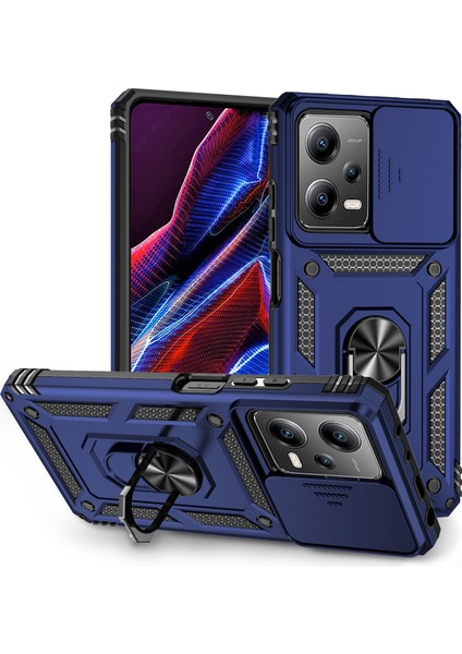Xiaomi Redmi Note 12 Pro 5g Için Halka Ayaklı ve Kayar Kamera Kapaklı Telefon Kılıf - Mavi (Yurt Dışından)