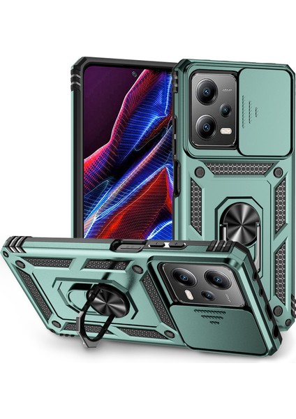 Xiaomi Redmi Note 12 Pro 5g Için Halka Ayaklı ve Kayar Kamera Kapaklı Telefon Kılıf - Yeşil (Yurt Dışından)