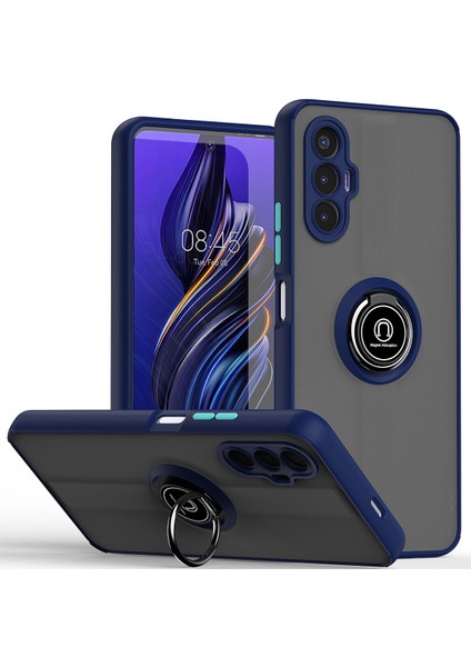Tecno Pova 3 Için Yüzük Stand Mat Sert Silikon Telefon Kılıfı - Mavi (Yurt Dışından)