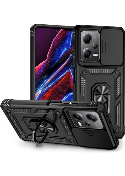 Xiaomi Redmi Note 12 Pro 5g Için Halka Ayaklı ve Kayar Kamera Kapaklı Telefon Kılıf - Siyah (Yurt Dışından)