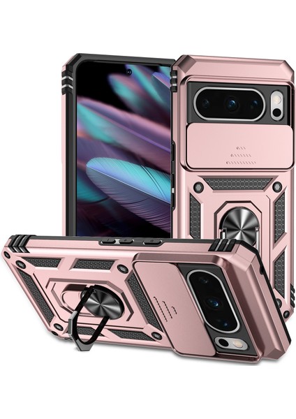 Google Pixel 8 Pro Için Halka Ayaklı ve Kayar Kamera Kapaklı Telefon Kılıf - Rose Gold (Yurt Dışından)
