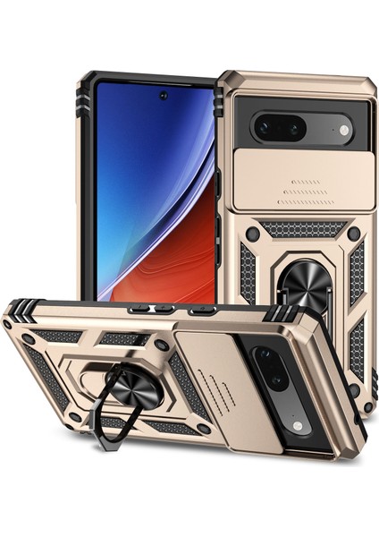 Google Pixel 7A Için Halka Ayaklı ve Kayar Kamera Kapaklı Telefon Kılıf - Altın (Yurt Dışından)