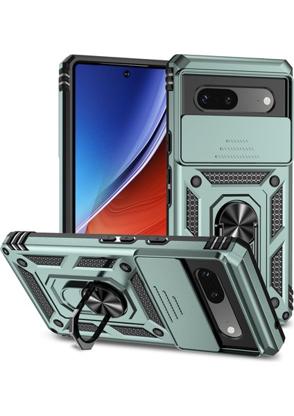 Google Pixel 7A Için Halka Ayaklı ve Kayar Kamera Kapaklı Telefon Kılıf - Yeşil (Yurt Dışından)