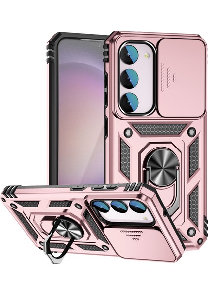 Samsung Galaxy S23 Fe Için Halka Ayaklı ve Kayar Kamera Kapaklı Telefon Kılıf - Rose Gold (Yurt Dışından)