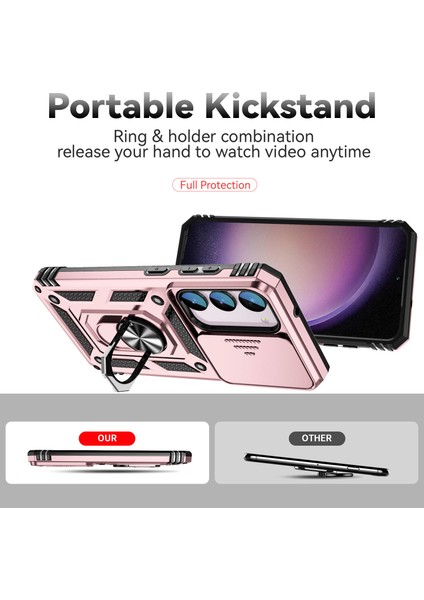 Samsung Galaxy S23 Fe Için Halka Ayaklı ve Kayar Kamera Kapaklı Telefon Kılıf - Rose Gold (Yurt Dışından) indirimleri