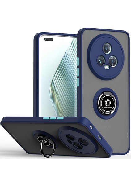 Honor Magic5 Pro Için Yüzük Stand Mat Sert Silikon Telefon Kılıfı - Mavi (Yurt Dışından)