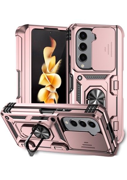 Samsung Galaxy Z Fold 5 Için Halka Ayaklı ve Kayar Kamera Kapaklı Telefon Kılıf - Rose Gold (Yurt Dışından)