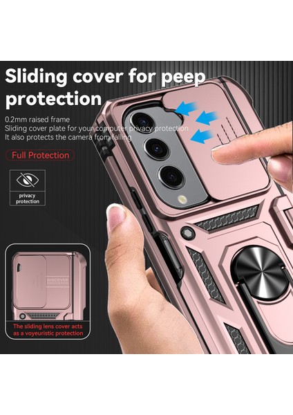 Samsung Galaxy Z Fold 5 Için Halka Ayaklı ve Kayar Kamera Kapaklı Telefon Kılıf - Rose Gold (Yurt Dışından)