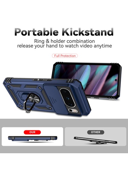 Google Pixel 8 Pro Için Halka Ayaklı ve Kayar Kamera Kapaklı Telefon Kılıf - Mavi (Yurt Dışından)