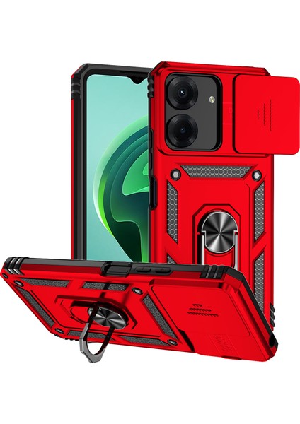 Xiaomi Redmi 13C /poco C65 Için Halka Ayaklı ve Kayar Kamera Kapaklı Telefon Kılıf - Kırmızı (Yurt Dışından)