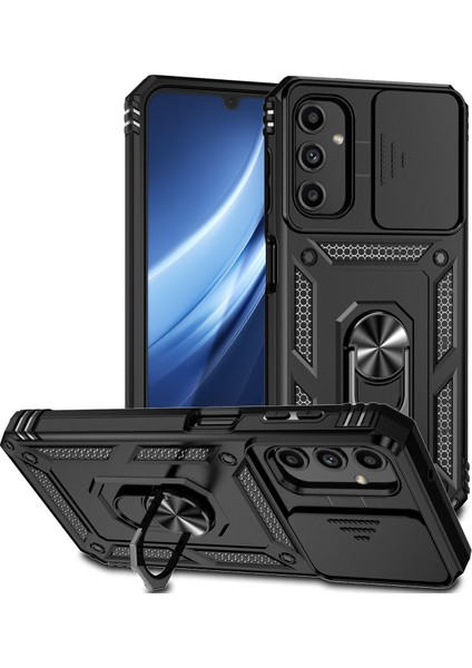 Samsung Galaxy A24 4g Için Halka Ayaklı ve Kayar Kamera Kapaklı Telefon Kılıf - Siyah (Yurt Dışından)