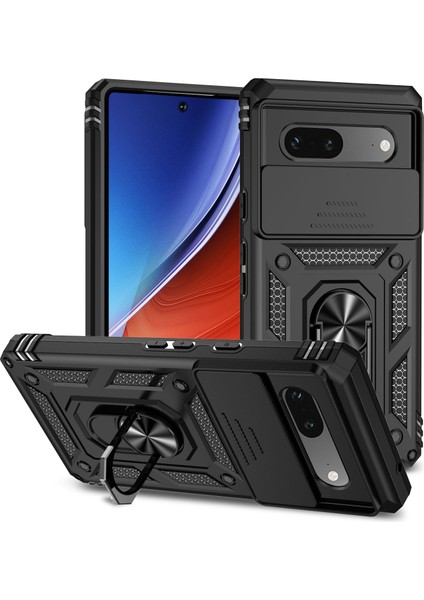 Google Pixel 7A Için Halka Ayaklı ve Kayar Kamera Kapaklı Telefon Kılıf - Siyah (Yurt Dışından)