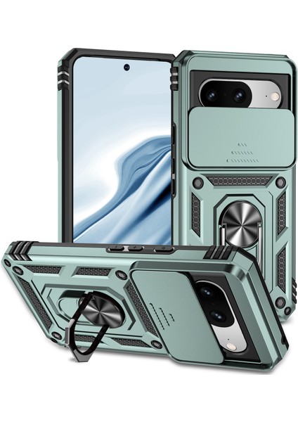 Google Pixel 8 Için Halka Ayaklı ve Kayar Kamera Kapaklı Telefon Kılıf - Yeşil (Yurt Dışından)